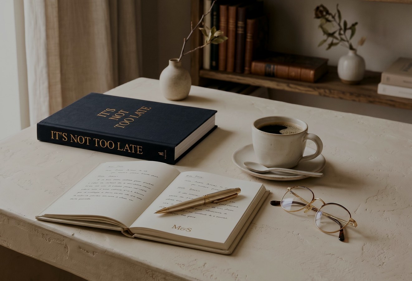 It's Not Too Late — book, journal, and coffee on a desk